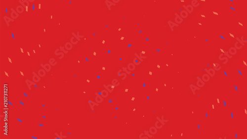 Abstract red background with scattered blue and light pink geometric shapes