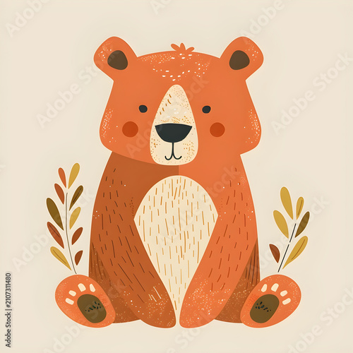 Flat Illustration of Friendly Brown Bear in Scandinavian Children's Book Style