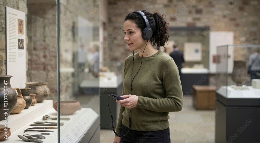 Fototapeta premium Woman wearing headphones and using an audio guide while looking at artifacts in a museum display case. Female visitor exploring a historical exhibition