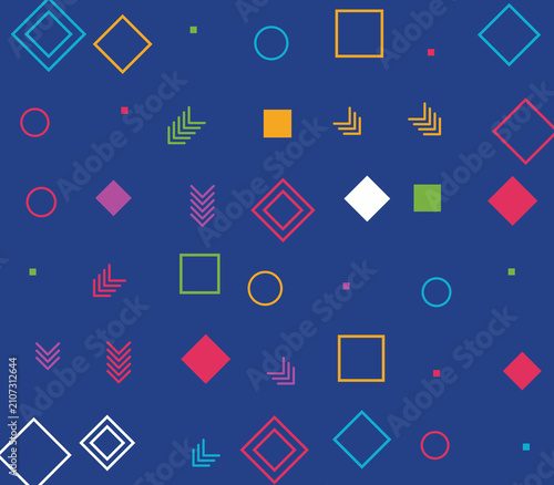 Abstract geometric seamless pattern with colorful shapes and symbols on a blue background