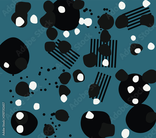 Abstract pattern with organic black shapes and white dots on teal background