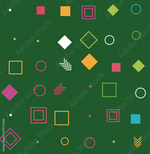 Abstract geometric seamless pattern with colorful shapes on green background