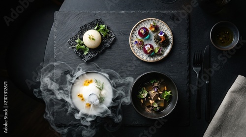 Gourmet molecular gastronomy tasting menu, artistic fine dining appetizers on black slate, luxury culinary experience with dry ice smoke effect
