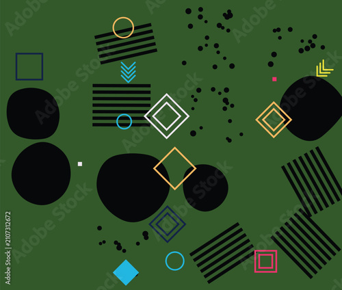 Abstract geometric background featuring colorful shapes lines circles and dots on a dark olive green backdrop