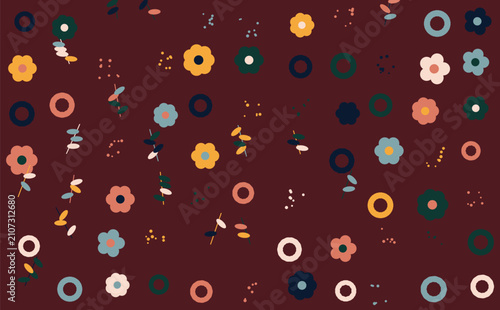 Seamless pattern with flat floral elements and circles on a dark red background