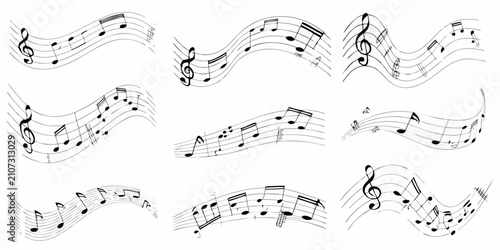 Obraz na plátně Musical notes and staffs black and white vector illustration with repeating patt