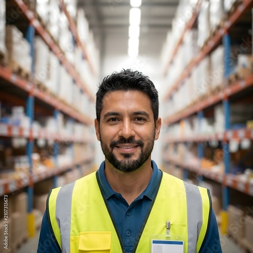 Retrato de un trabajador de almacén latino sonriente con chaleco de alta visibilidad en un centro logístico