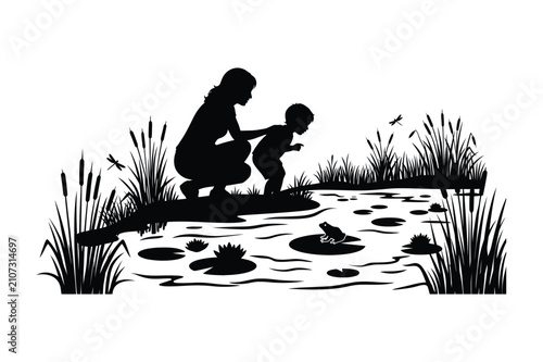 Mother and child exploring pond life in nature with outdoors parenting wildlife