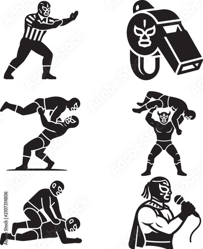 Mexican lucha libre wrestling icons and symbols vector set