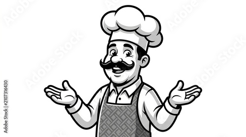 Smiling cartoon chef with mustache and hat making a welcoming gesture.