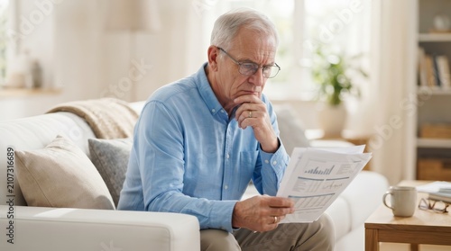 Stressed senior man sitting on a sofa reading insurance policy and pension documents at home.