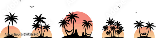 Tropical sunset silhouettes palm trees hammocks and island paradise scene