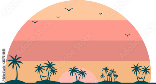 Tropical sunset silhouette with palm trees and flying birds
