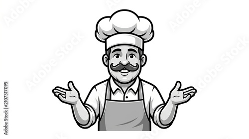Smiling cartoon chef with mustache and hat making a welcoming gesture.