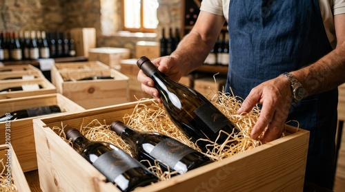 Hands packing luxury wine bottles into wooden crates with straw filling.