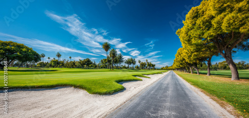 Golf course landscape with green grass and blue sky near a pathway during daytime