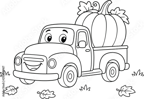 Cartoon pumpkin truck coloring page, cute autumn pickup truck, fall harvest vector