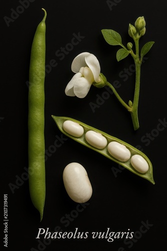 Fresh green bean presented with anatomical extras including pale kernel and butterfly-shaped blossom