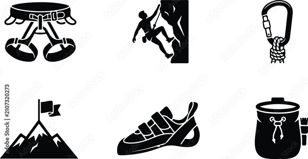 Fototapeta premium Outdoor climbing equipment icons with mountaineering and bouldering gear on a white background