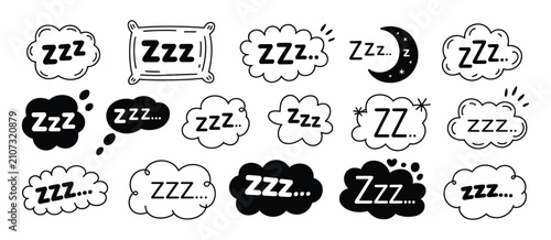 Fotografi Sleep ZZZ Icon with Snore Bubble, Cartoon Cloud, Hand Drawn Bed, Nap Symbol, Dre