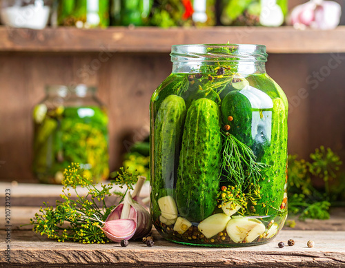 Bits of fresh green dill and cracked peppercorns float in a clear jar of pickled cucumbers with visible garlic cloves.