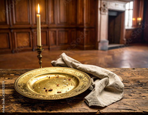 An empty ornate plate with crumbs and a used linen napkin suggests a quiet finished meal in a historical setting.