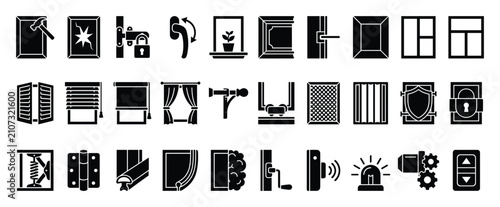 Set of window construction, security, and accessory icons for architectural and home improvement projects