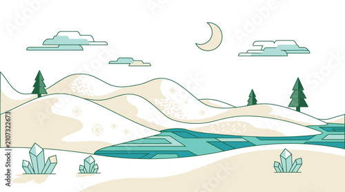 Paisagem estilizada de inverno com colinas nevadas, rio congelado, cristais e lua crescente no céu claro.