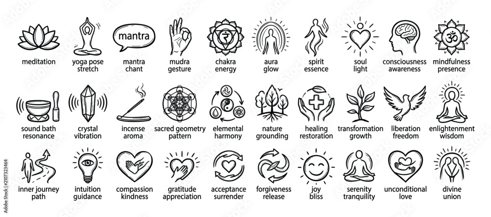 Fototapeta premium Set of spiritual wellness line icons for mindfulness, healing, and personal growth
