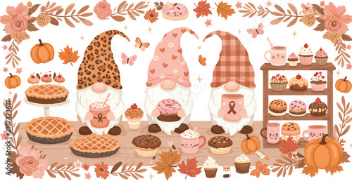 Three cute autumn gnomes with leopard and plaid hats surrounded by fall pumpkins pies and cupcakes on a white background