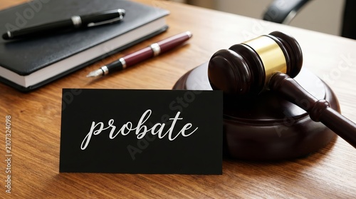Legal gavel sitting next to a black card with probate handwritten on it.