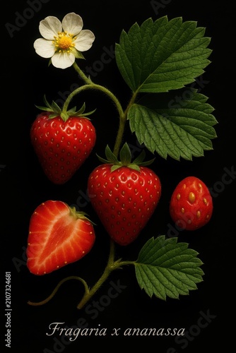 Strawberry plant with white blossom, whole fruit, and juicy cross-section