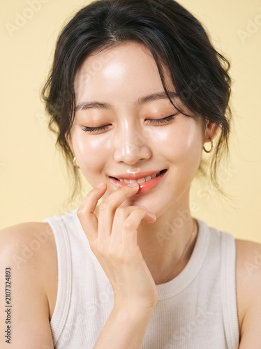 Radiant Korean woman with glowing glass skin, beautiful young Asian model with natural makeup, skincare and k-beauty concept on yellow background
