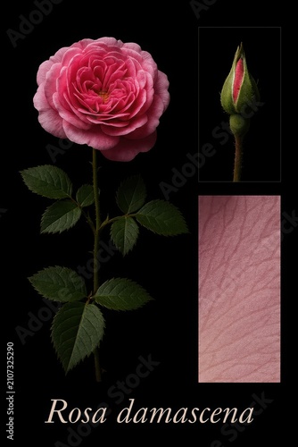 Botanical arrangement of rose bloom, bud, petal texture, and Latin lettering