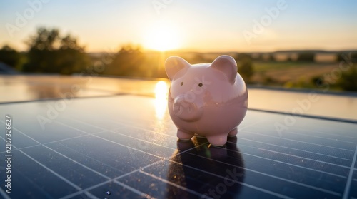 Pink piggy bank on solar panels during a beautiful sunset for renewable energy saving.