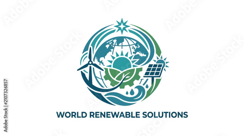 Renewable energy logo with wind turbines and solar panels.
