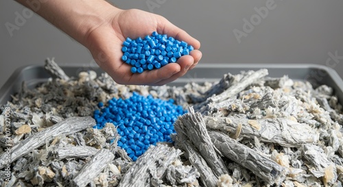 Close up of hand holding blue plastic regrind pellets over container of processed recycled material