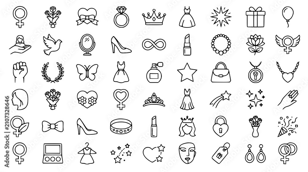 Naklejka premium : International Womens Day Outline Icon Collection Vector Set