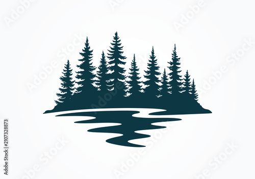 Pine Forest Lake Silhouette with Evergreen Trees and Water Nature Landscape Vector for Outdoor Adventure Design