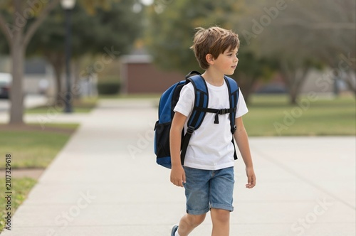 young boy with backpack walking on sunny day in park, concept of childhood and exploration