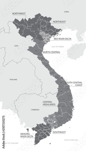 Map of Vietnam and Southeast Asian country borders, monochrome vector illustration with administrative divisions