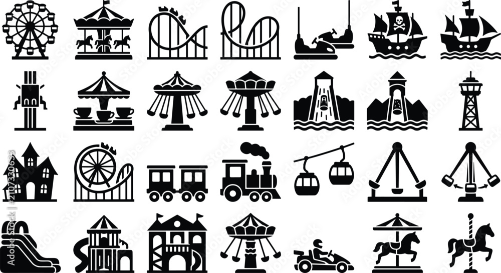 Fototapeta premium Amusement Park Rides Icons Vector Set, Theme Park Attractions Silhouette Collection