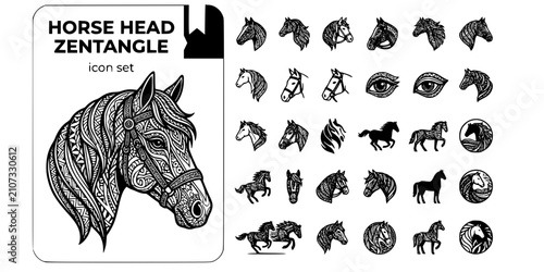 Foto Horse Head Portrait Zentangle Black White-Mane Wave Bridle Detail Eye-Equine Art