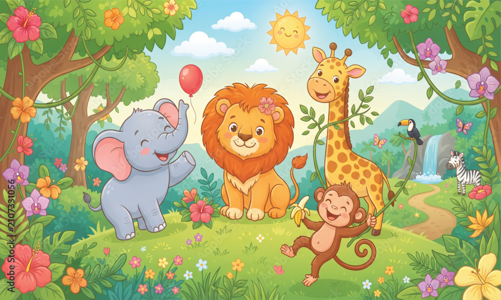 Naklejka premium Cute jungle animals vector illustration, colorful safari animal landscape for kids book