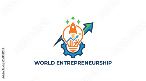 World entrepreneurship logo with rocket and lightbulb on gear.