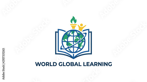 World global learning logo with book and world globe.