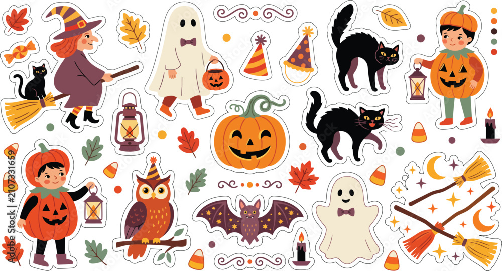 Obraz premium Cute hand drawn halloween set with kids in costumes pumpkin ghost witch cat owl bat and festive autumn holiday elements