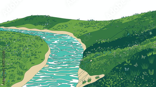 Ilustración vectorial de un paisaje natural con un río serpenteante que fluye a través de colinas verdes y exuberantes, con un estilo artístico plano y fondo blanco para diseño gráfico.