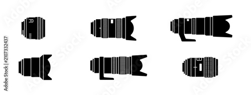 Принти на полотні A set of six black and white silhouette depicting various camera lenses, includi