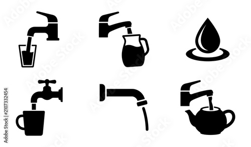 A set of six black and white showing water faucets, a water drop, a glass, a pitcher, and a teapot being filled with water from a tap